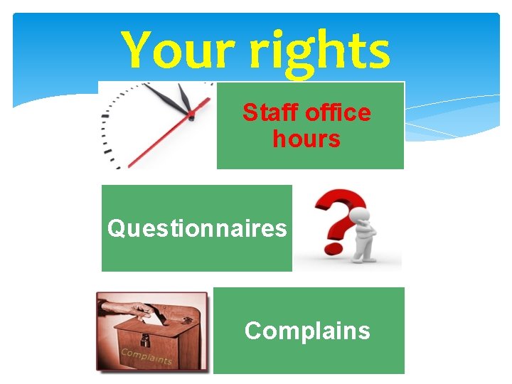 Your rights Staff office hours Questionnaires Complains 