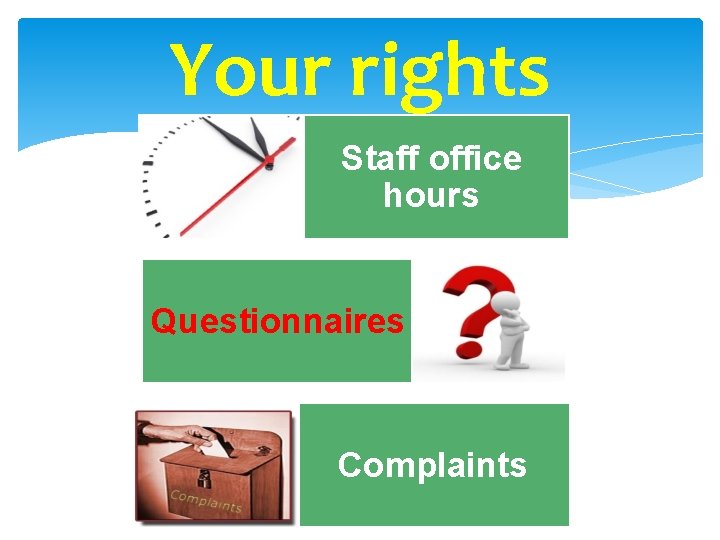 Your rights Staff office hours Questionnaires Complaints 