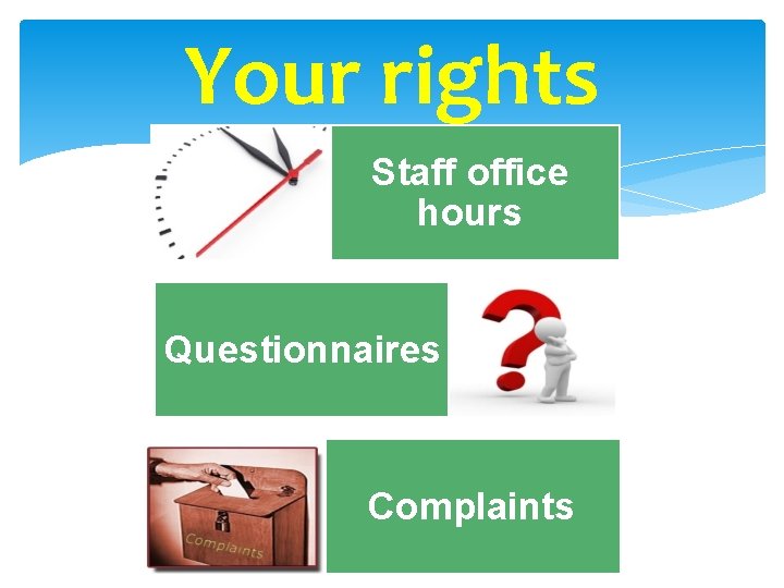 Your rights Staff office hours Questionnaires Complaints 