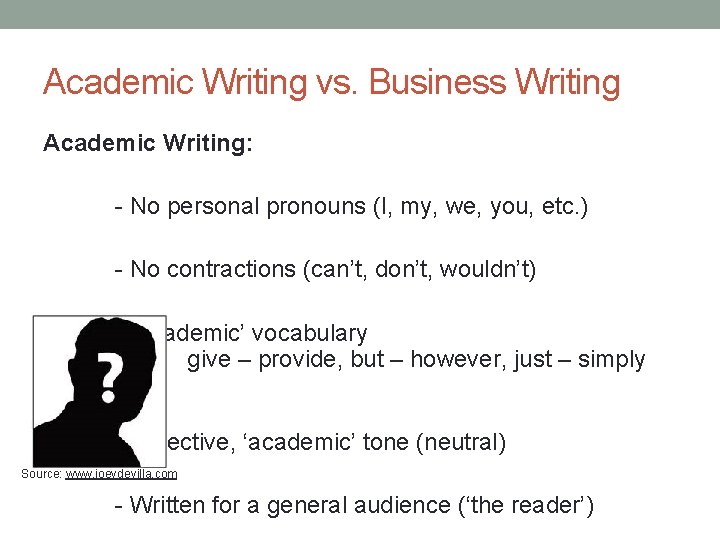 Academic Writing vs. Business Writing Academic Writing: - No personal pronouns (I, my, we,