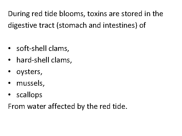 During red tide blooms, toxins are stored in the digestive tract (stomach and intestines)