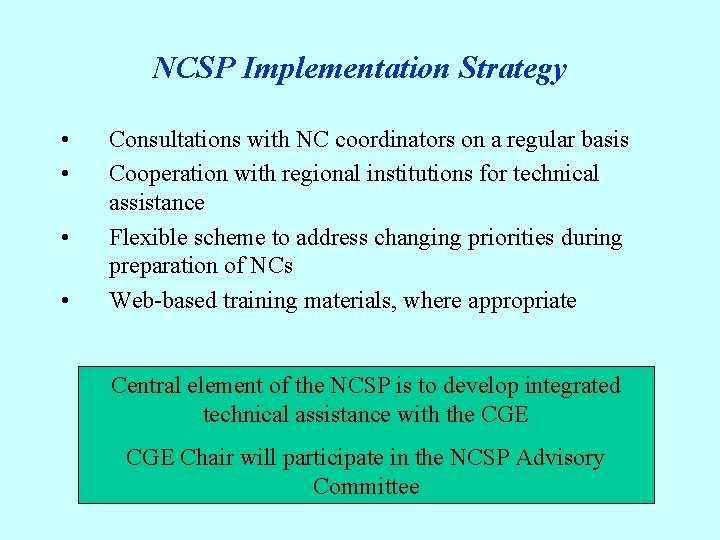 NCSP Implementation Strategy • • Consultations with NC coordinators on a regular basis Cooperation