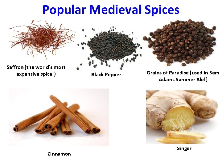 Popular Medieval Spices Saffron (the world’s most expensive spice!) Cinnamon Black Pepper Grains of