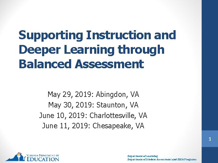 Supporting Instruction and Deeper Learning through Balanced Assessment May 29, 2019: Abingdon, VA May