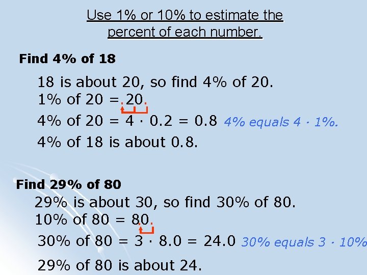Use 1% or 10% to estimate the percent of each number. Find 4% of