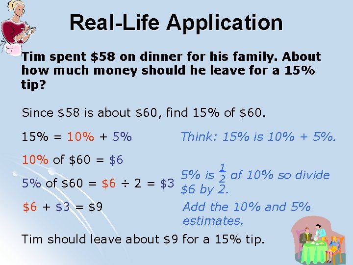 Real-Life Application Tim spent $58 on dinner for his family. About how much money
