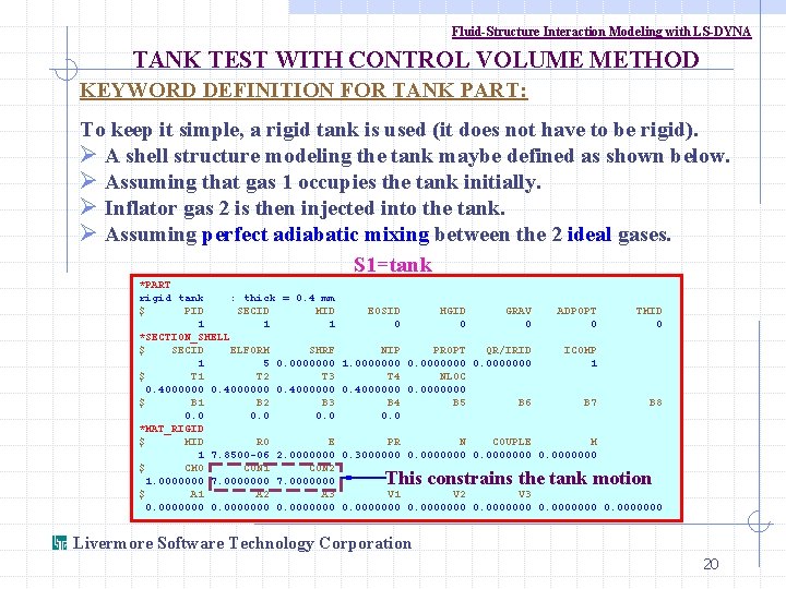 Fluid-Structure Interaction Modeling with LS-DYNA TANK TEST WITH CONTROL VOLUME METHOD KEYWORD DEFINITION FOR