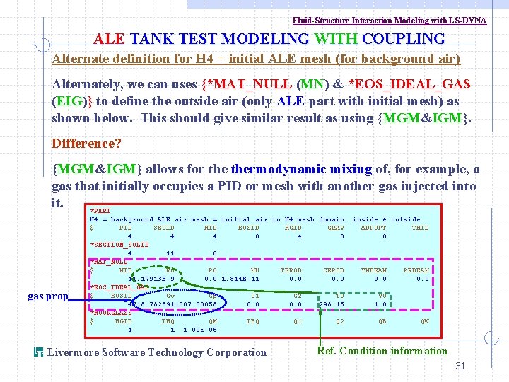 Fluid-Structure Interaction Modeling with LS-DYNA ALE TANK TEST MODELING WITH COUPLING Alternate definition for