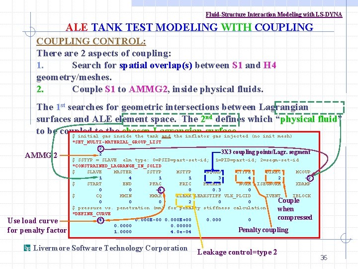 Fluid-Structure Interaction Modeling with LS-DYNA ALE TANK TEST MODELING WITH COUPLING CONTROL: There are