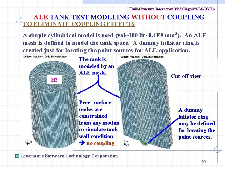 Fluid-Structure Interaction Modeling with LS-DYNA ALE TANK TEST MODELING WITHOUT COUPLING TO ELIMINATE COUPLING