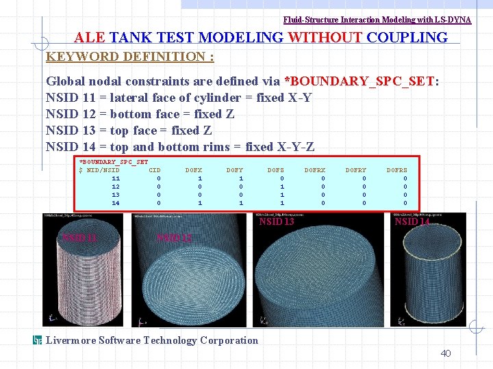 Fluid-Structure Interaction Modeling with LS-DYNA ALE TANK TEST MODELING WITHOUT COUPLING KEYWORD DEFINITION :