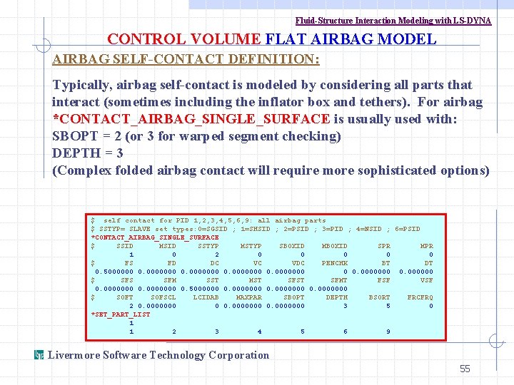 Fluid-Structure Interaction Modeling with LS-DYNA CONTROL VOLUME FLAT AIRBAG MODEL AIRBAG SELF-CONTACT DEFINITION: Typically,