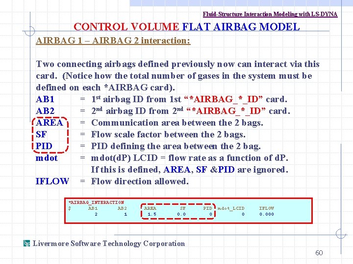 Fluid-Structure Interaction Modeling with LS-DYNA CONTROL VOLUME FLAT AIRBAG MODEL AIRBAG 1 – AIRBAG