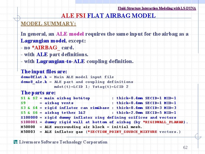 Fluid-Structure Interaction Modeling with LS-DYNA ALE FSI FLAT AIRBAG MODEL SUMMARY: In general, an