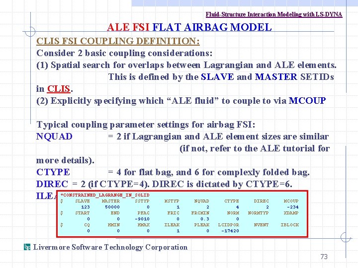 Fluid-Structure Interaction Modeling with LS-DYNA ALE FSI FLAT AIRBAG MODEL CLIS FSI COUPLING DEFINITION: