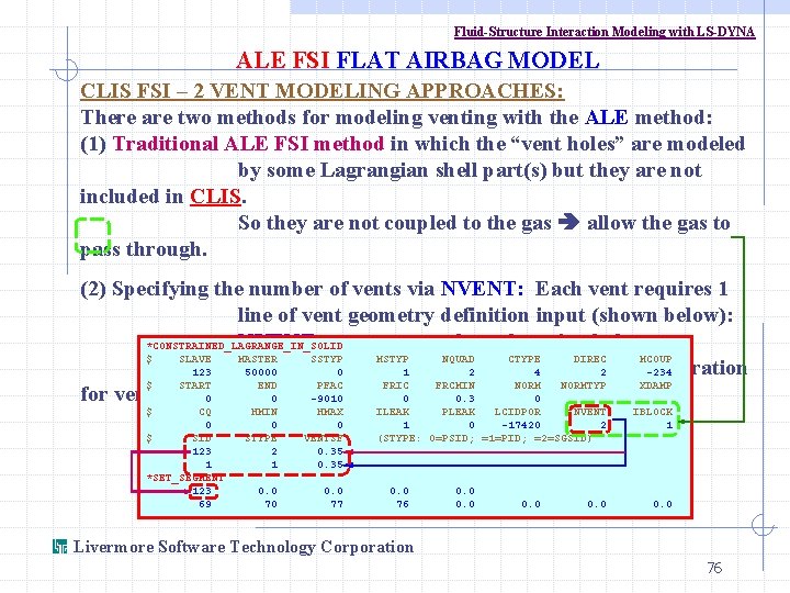 Fluid-Structure Interaction Modeling with LS-DYNA ALE FSI FLAT AIRBAG MODEL CLIS FSI – 2