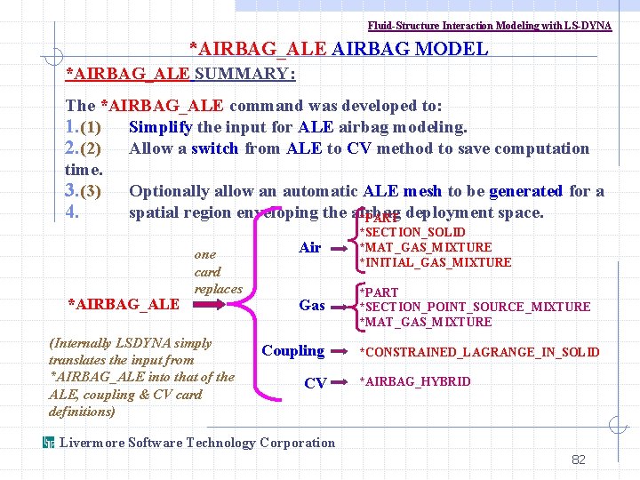 Fluid-Structure Interaction Modeling with LS-DYNA *AIRBAG_ALE AIRBAG MODEL *AIRBAG_ALE SUMMARY: The *AIRBAG_ALE command was