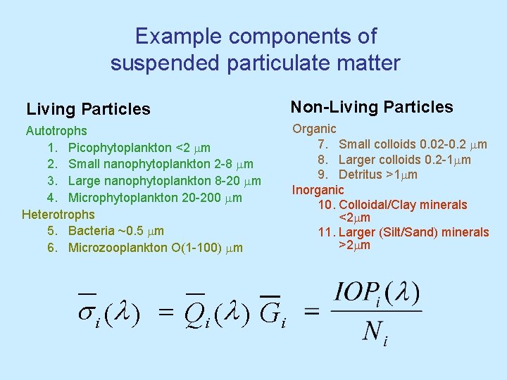 Example components of suspended particulate matter Living Particles Autotrophs 1. Picophytoplankton <2 mm 2. Example components of suspended particulate matter Living Particles Autotrophs 1. Picophytoplankton <2 mm 2.