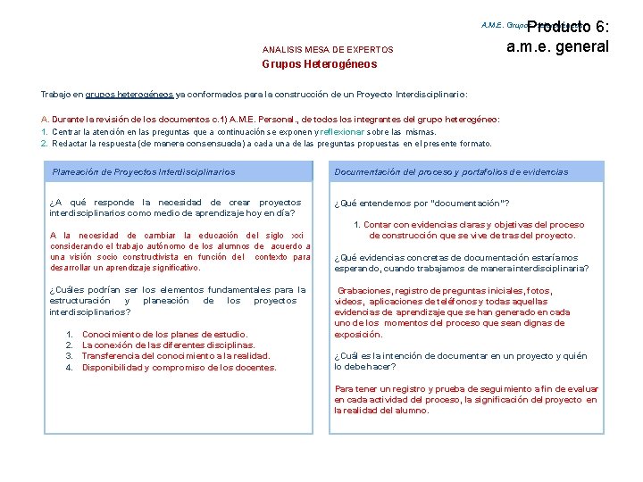 Producto 6: a. m. e. general A. M. E. Grupos Heterogéneos ANALISIS MESA DE