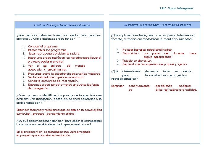 A. M. E. Grupos Heterogéneos El desarrollo profesional y la formación docente Gestión de