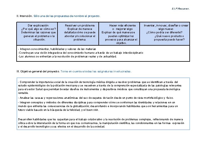 E. I. P. Resumen. II. Intención. Sólo una de las propuestas da nombre al
