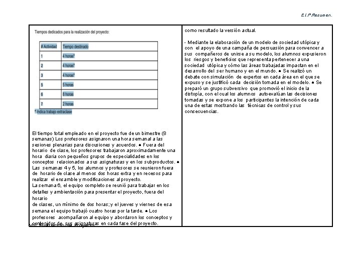 E. I. P. Resumen. como resultado la versión actual. - Mediante la elaboración de
