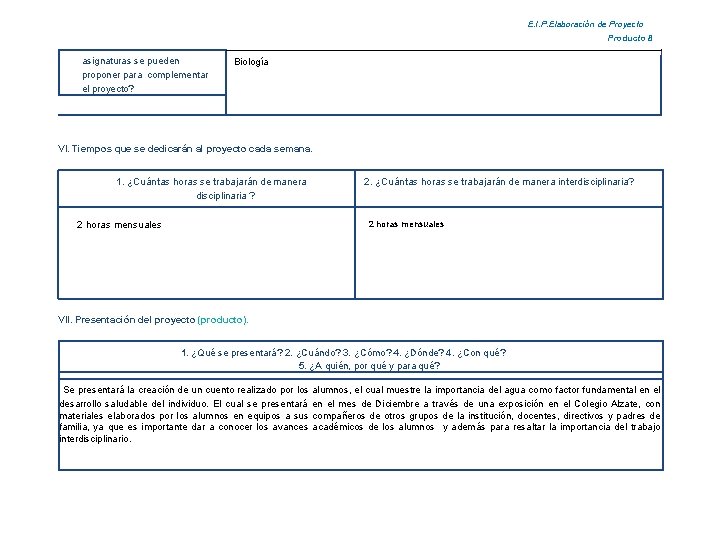 E. I. P. Elaboración de Proyecto Producto 8 asignaturas se pueden proponer para complementar
