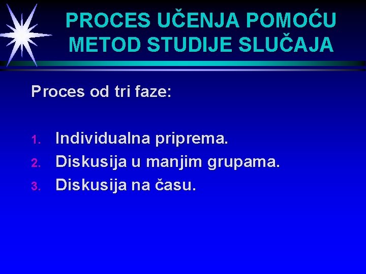 PROCES UČENJA POMOĆU METOD STUDIJE SLUČAJA Proces od tri faze: 1. 2. 3. Individualna