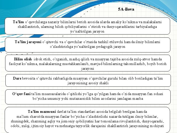 5 A-ilova Ta’lim о‘quvchilarga nazariy bilimlarni berish asosida ularda amaliy kо‘nikma va malakalarni shakllantirish,