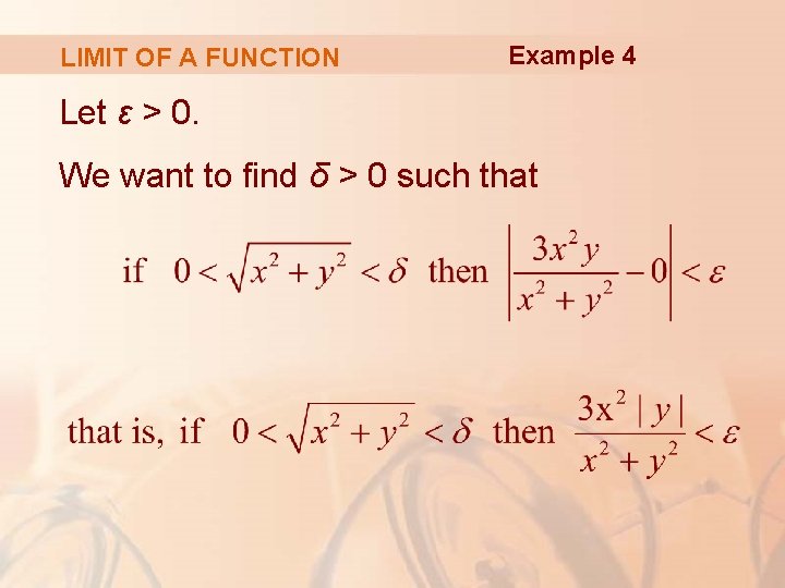 LIMIT OF A FUNCTION Example 4 Let ε > 0. We want to find