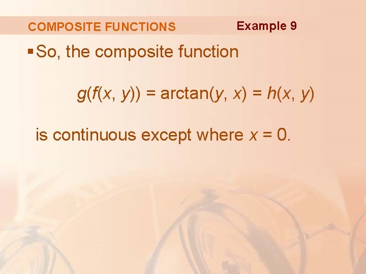 COMPOSITE FUNCTIONS Example 9 § So, the composite function g(f(x, y)) = arctan(y, x)