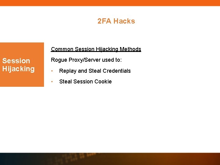 2 FA Hacks Common Session Hijacking Methods Session Hijacking Rogue Proxy/Server used to: • 2 FA Hacks Common Session Hijacking Methods Session Hijacking Rogue Proxy/Server used to: •