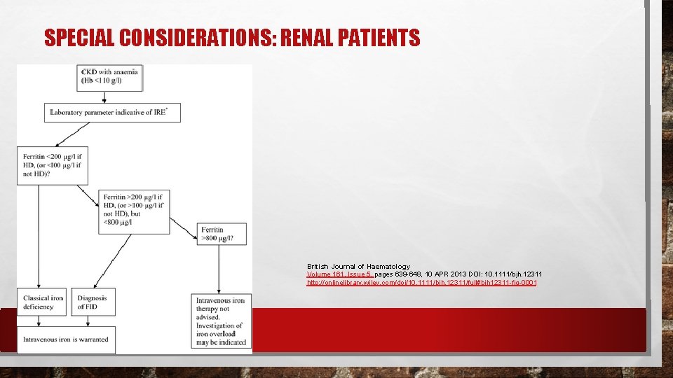 SPECIAL CONSIDERATIONS: RENAL PATIENTS British Journal of Haematology Volume 161, Issue 5, pages 639 SPECIAL CONSIDERATIONS: RENAL PATIENTS British Journal of Haematology Volume 161, Issue 5, pages 639