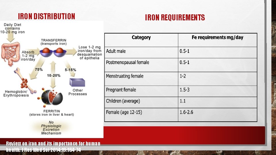 IRON DISTRIBUTION Review on iron and its importance for human health. J Res Med IRON DISTRIBUTION Review on iron and its importance for human health. J Res Med