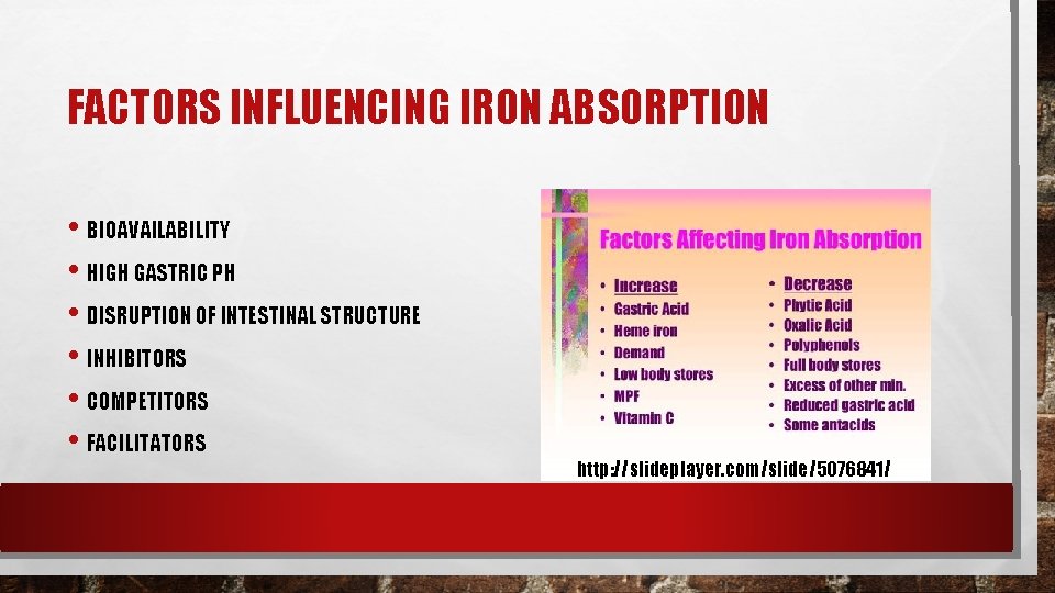 FACTORS INFLUENCING IRON ABSORPTION • BIOAVAILABILITY • HIGH GASTRIC PH • DISRUPTION OF INTESTINAL FACTORS INFLUENCING IRON ABSORPTION • BIOAVAILABILITY • HIGH GASTRIC PH • DISRUPTION OF INTESTINAL