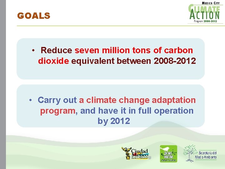 GOALS • Reduce seven million tons of carbon dioxide equivalent between 2008 -2012 • GOALS • Reduce seven million tons of carbon dioxide equivalent between 2008 -2012 •