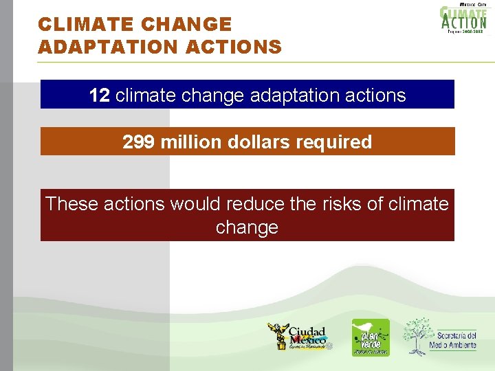 CLIMATE CHANGE ADAPTATION ACTIONS 12 climate change adaptation actions 299 million dollars required These CLIMATE CHANGE ADAPTATION ACTIONS 12 climate change adaptation actions 299 million dollars required These