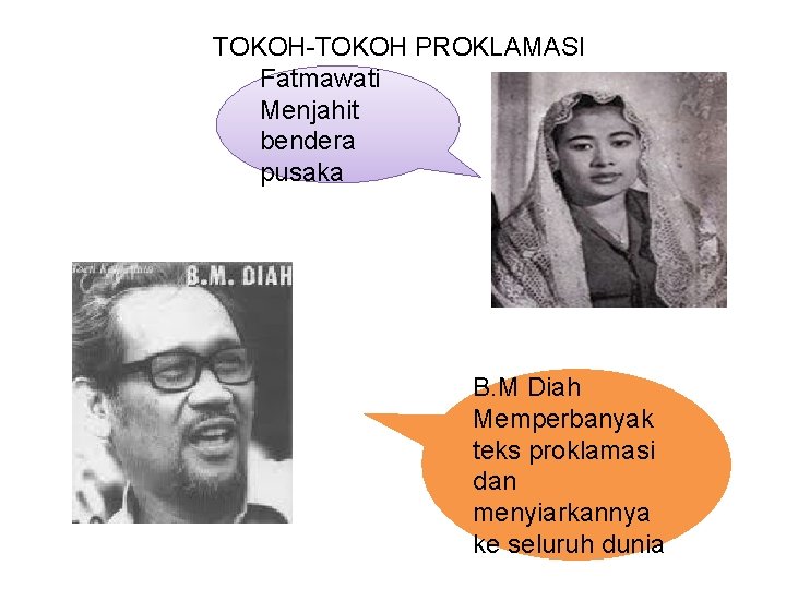 TOKOH-TOKOH PROKLAMASI Fatmawati Menjahit bendera pusaka B. M Diah Memperbanyak teks proklamasi dan menyiarkannya