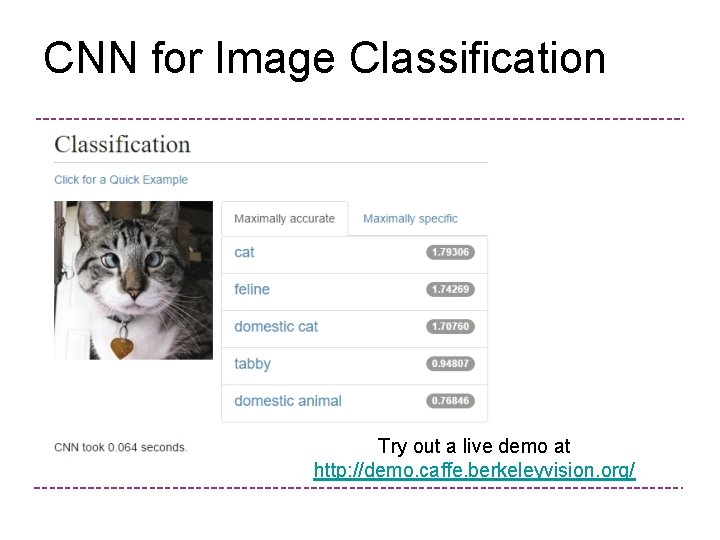 CNN for Image Classification Try out a live demo at http: //demo. caffe. berkeleyvision.