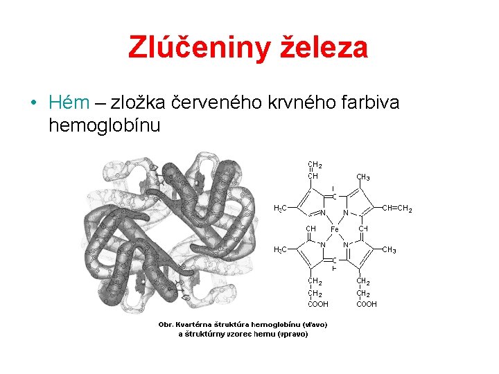 Zlúčeniny železa • Hém – zložka červeného krvného farbiva hemoglobínu Zlúčeniny železa • Hém – zložka červeného krvného farbiva hemoglobínu