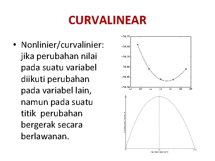 CURVALINEAR • Nonlinier/curvalinier: jika perubahan nilai pada suatu variabel diikuti perubahan pada variabel lain,