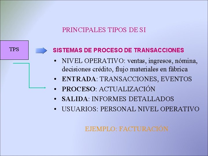 PRINCIPALES TIPOS DE SI TPS SISTEMAS DE PROCESO DE TRANSACCIONES • NIVEL OPERATIVO: ventas,