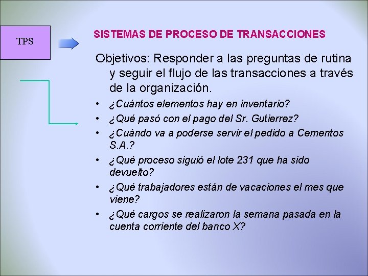 TPS SISTEMAS DE PROCESO DE TRANSACCIONES Objetivos: Responder a las preguntas de rutina y