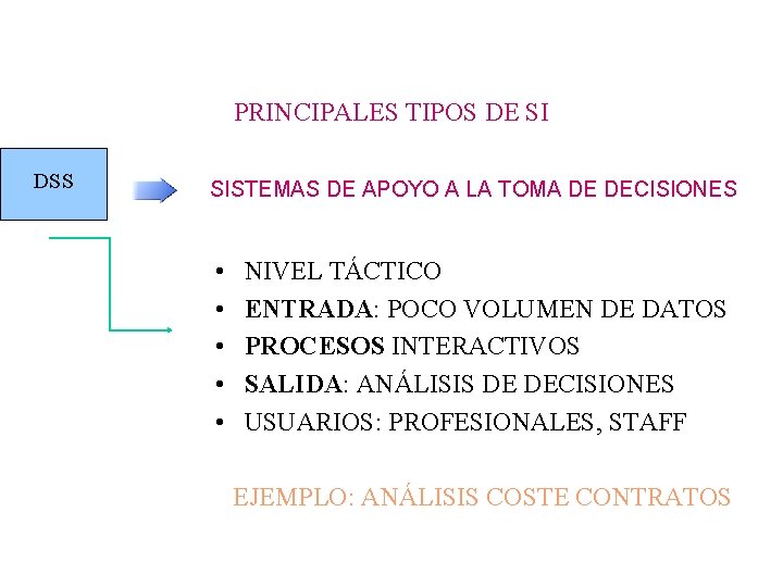 PRINCIPALES TIPOS DE SI DSS SISTEMAS DE APOYO A LA TOMA DE DECISIONES •