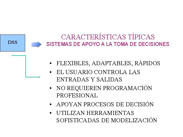 DSS CARACTERÍSTICAS TÍPICAS SISTEMAS DE APOYO A LA TOMA DE DECISIONES • FLEXIBLES, ADAPTABLES,