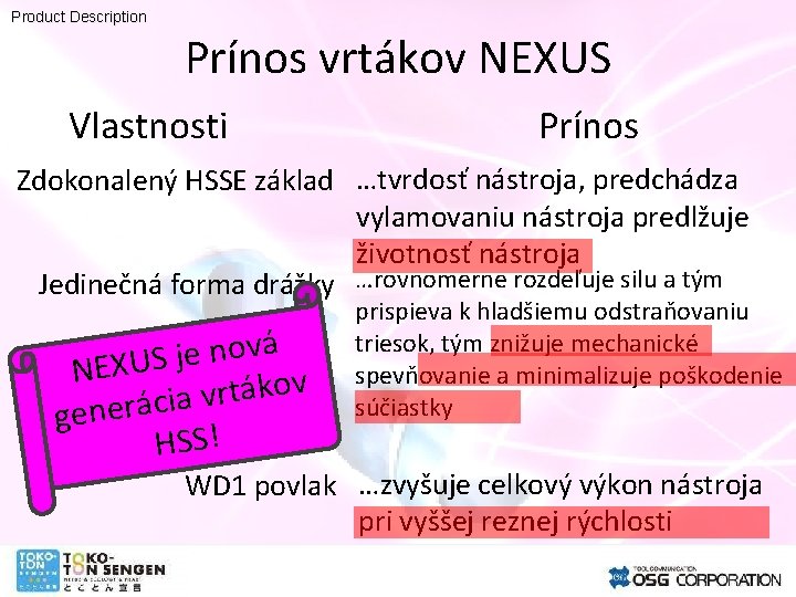 Product Description Prínos vrtákov NEXUS Vlastnosti Prínos Zdokonalený HSSE základ …tvrdosť nástroja, predchádza vylamovaniu