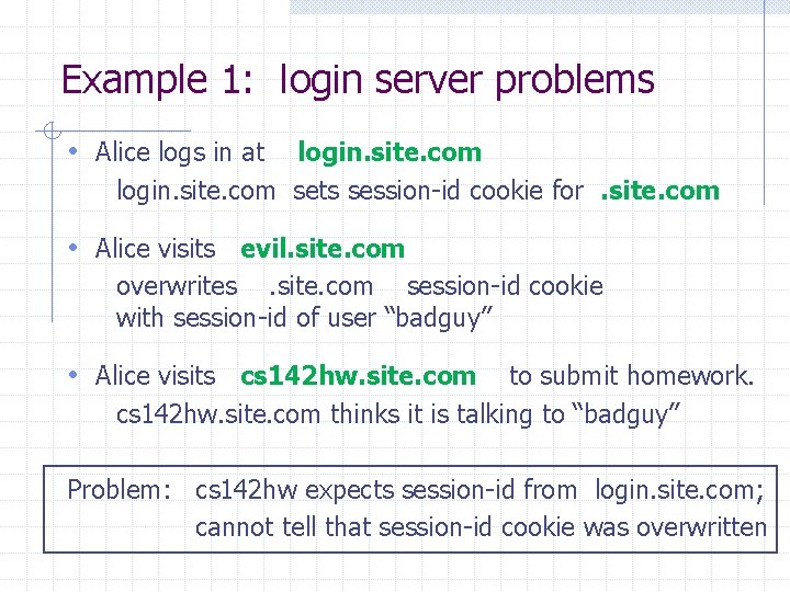 Example 1: login server problems • Alice logs in at login. site. com sets