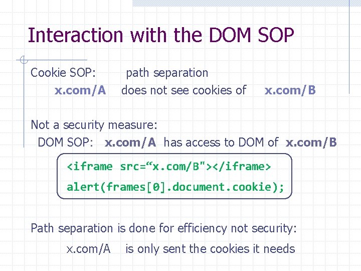 Interaction with the DOM SOP Cookie SOP: x. com/A path separation does not see