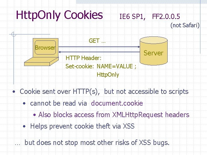 Http. Only Cookies IE 6 SP 1, FF 2. 0. 0. 5 (not Safari)