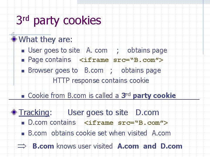 3 rd party cookies What they are: n n User goes to site A.